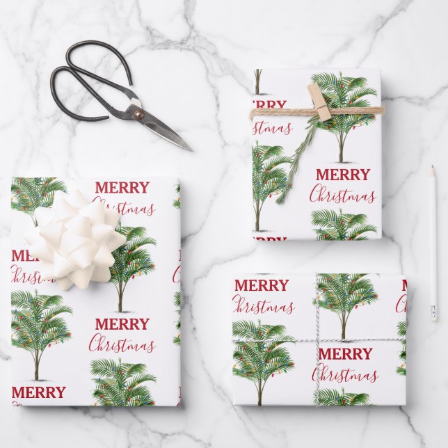 Tropical Palm Tree Christmas Tree Holiday Wrapping Paper Sheet (Front)