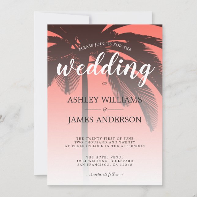 Tropical Palm Tree Coral Beach Wedding Invitation (Front)