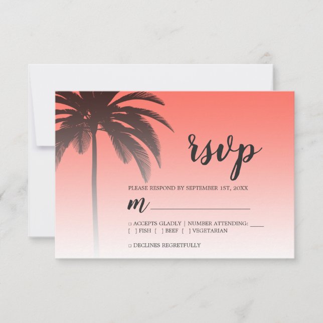 Tropical Palm Tree Coral Beach Wedding RSVP Card (Front)