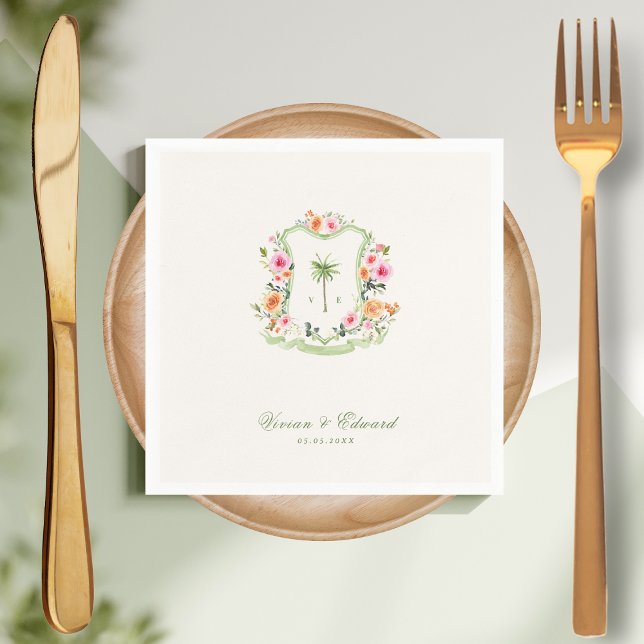 Tropical Palm Tree Crest Monogram Summer Wedding Napkin (Creator Uploaded)