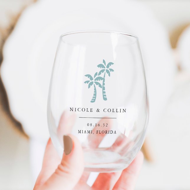 Tropical Palm Tree Destination Wedding Favour Stemless Wine Glass (Creator Uploaded)