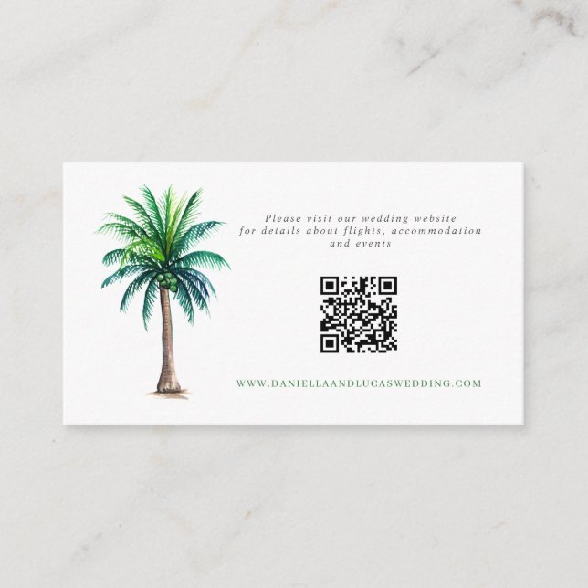 Tropical Palm Tree Destination Wedding Website QR  Enclosure Card (Front)