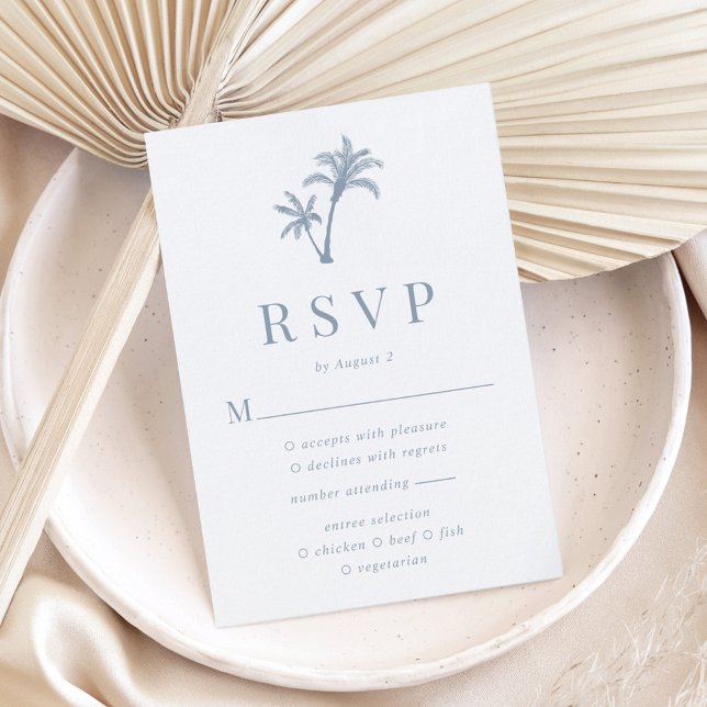 Tropical Palm Tree Dusty Blue Beach Wedding RSVP Card (Creator Uploaded)