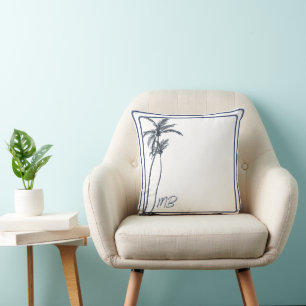 Tropical Palm Tree Elegant Dark Blue White Cushion