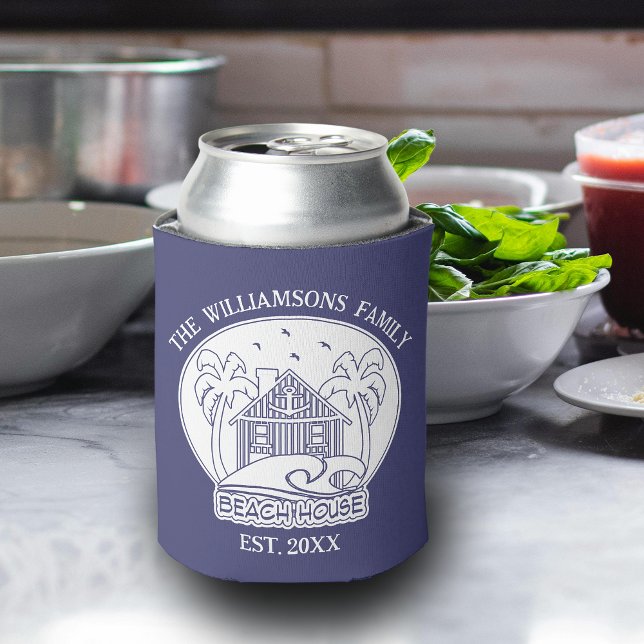 Tropical Palm Tree Family Name Beach House Blue Can Cooler (Creator Uploaded)