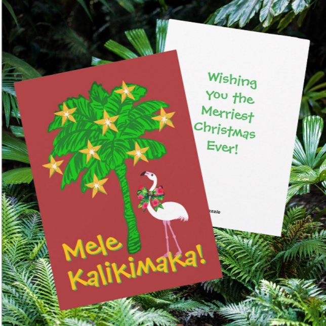 Tropical Palm Tree Flamingo Personalised  Holiday Card (Hawaiian for Merry Christmas. Personalize it!)