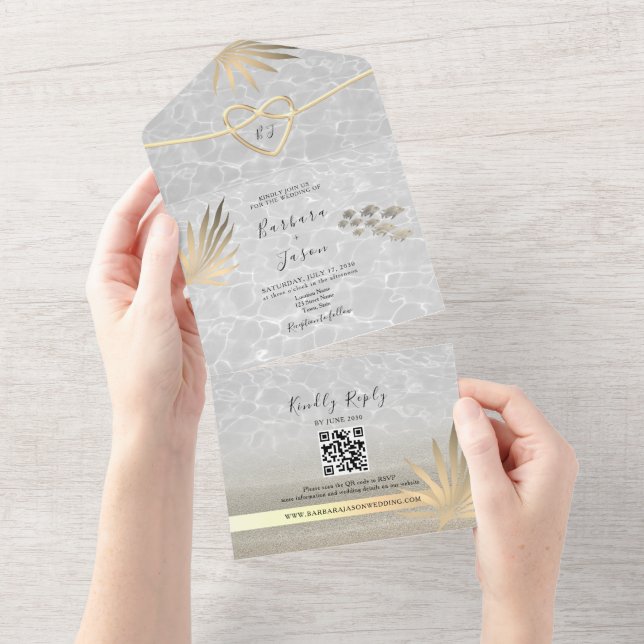 Tropical Palm Tree Gold Beach Wedding All In One Invitation (Tearaway)