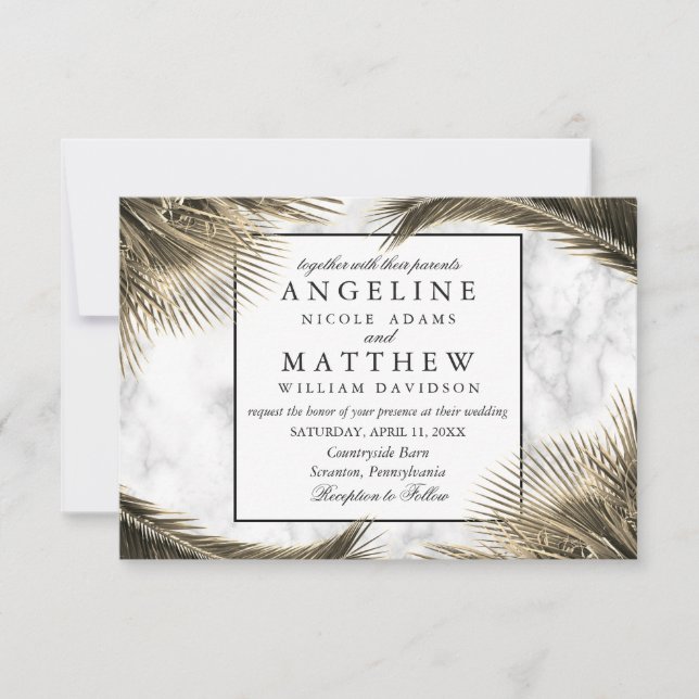 Tropical Palm Tree Green Marble Wedding Card (Front)