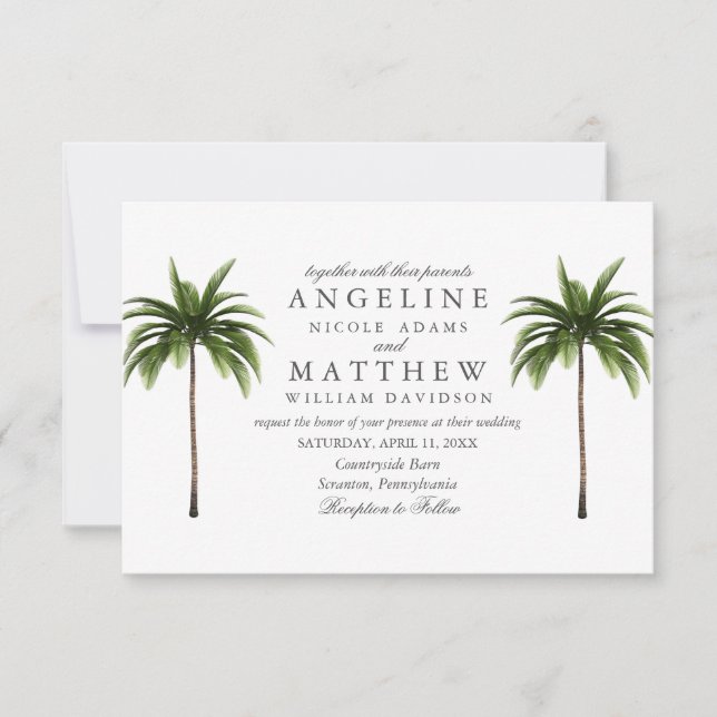 Tropical Palm Tree Green Wedding Card (Front)