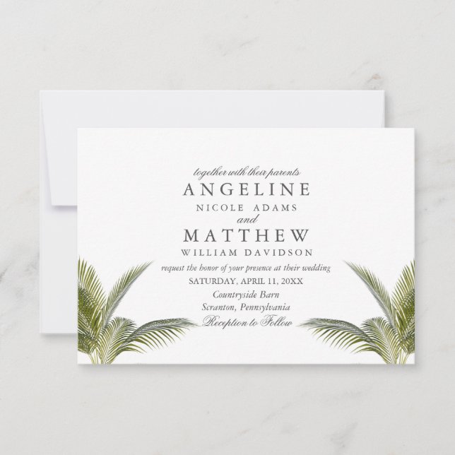 Tropical Palm Tree Green Wedding Card (Front)