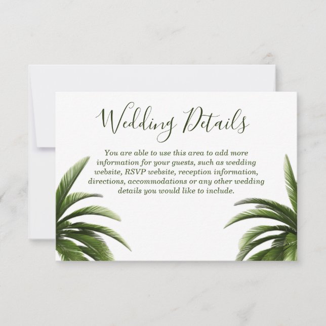 Tropical Palm Tree Green Wedding Details Invitation (Front)