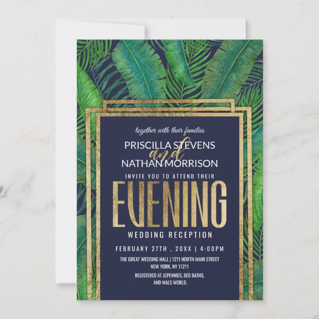 Tropical Palm Tree Greenery Gold Navy Blue Evening Invitation (Front)