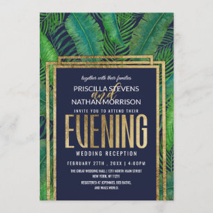 Tropical Palm Tree Greenery Gold Navy Blue Evening Invitation