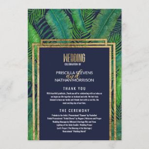 Tropical Palm Tree Greenery Gold Navy Blue Wedding Program
