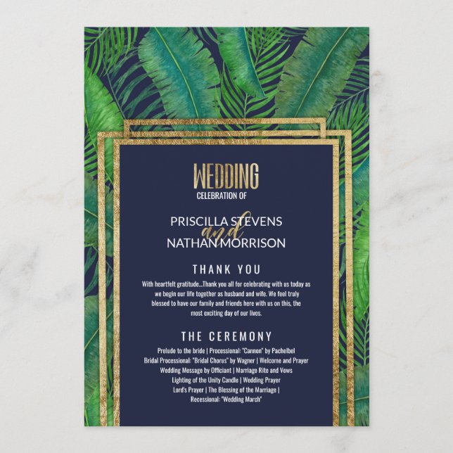 Tropical Palm Tree Greenery Gold Navy Blue Wedding Program (Front)