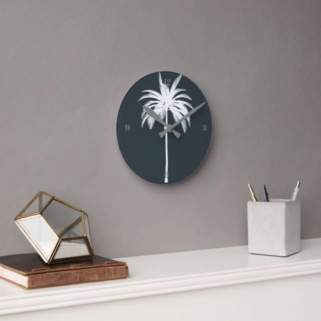 Tropical Palm Tree Grey Elegant Modern  Round Clock (Office)