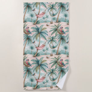 Tropical Palm Tree Hammock Beach Towel with Birds