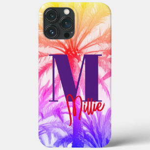 tropical palm tree in retro neon 80's summer vibe, iPhone 13 pro max case