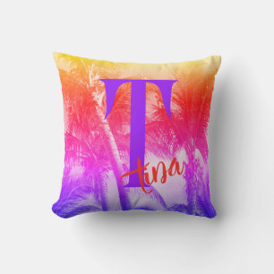 tropical palm tree in retro neon 80's summer vibe cushion