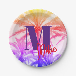 tropical palm tree in retro neon 80's summer vibe, paper plate