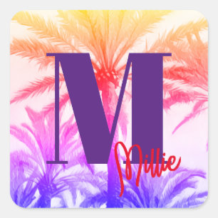 tropical palm tree in retro neon 80's summer vibe square sticker