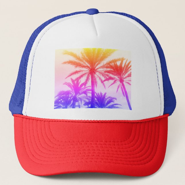 tropical palm tree in retro neon 80's summer vibe  trucker hat (Front)