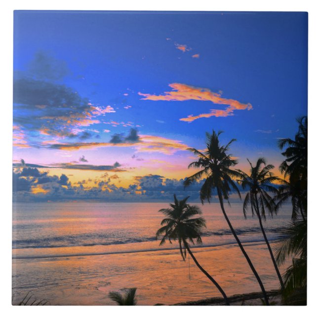 Tropical Palm Tree Island Exotic Beach Sunset Ceramic Tile (Front)