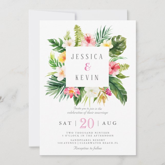 Tropical palm tree leaf and floral Personalized Invitation (Front)