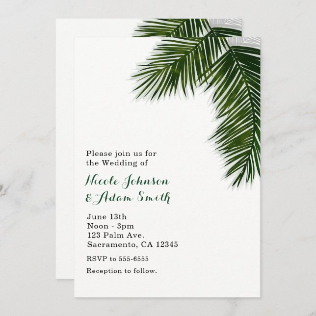 Tropical Palm Tree Leaf Elegant Wedding Invitation (Front/Back)