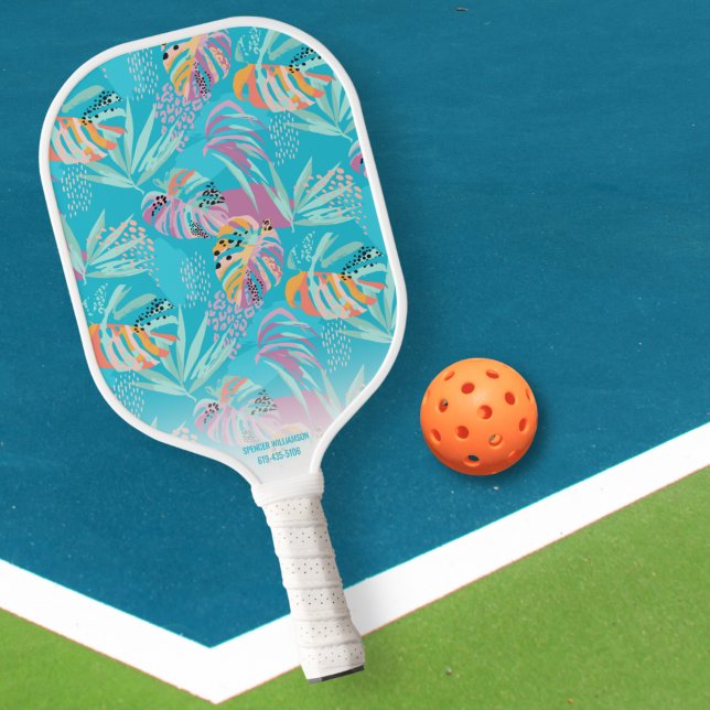 Tropical Palm Tree Leaf Pattern Custom Name Phone Pickleball Paddle (Creator Uploaded)