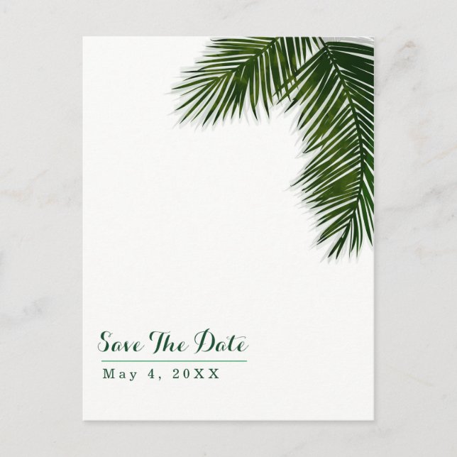 Tropical Palm Tree Leaf Wedding Save the Date Announcement Postcard (Front)