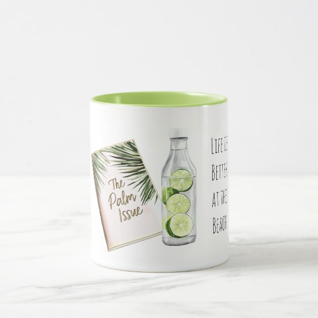 Tropical Palm Tree Leaves Green White Limes Beach Mug (Center)