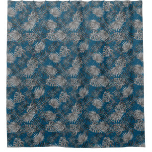 Tropical Palm Tree Leaves Pattern Blue Silver Shower Curtain