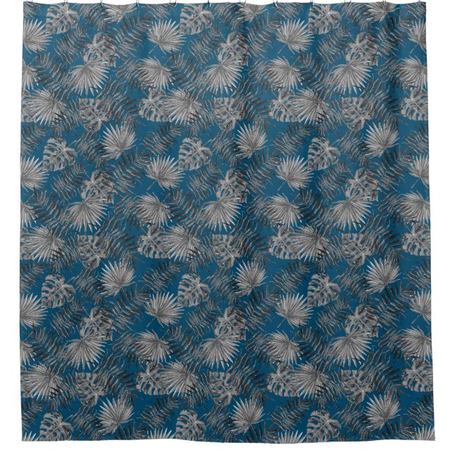 Tropical Palm Tree Leaves Pattern Blue Silver Shower Curtain (Front)
