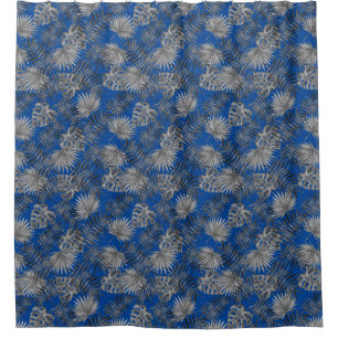Tropical Palm Tree Leaves Pattern Blue Silver Shower Curtain