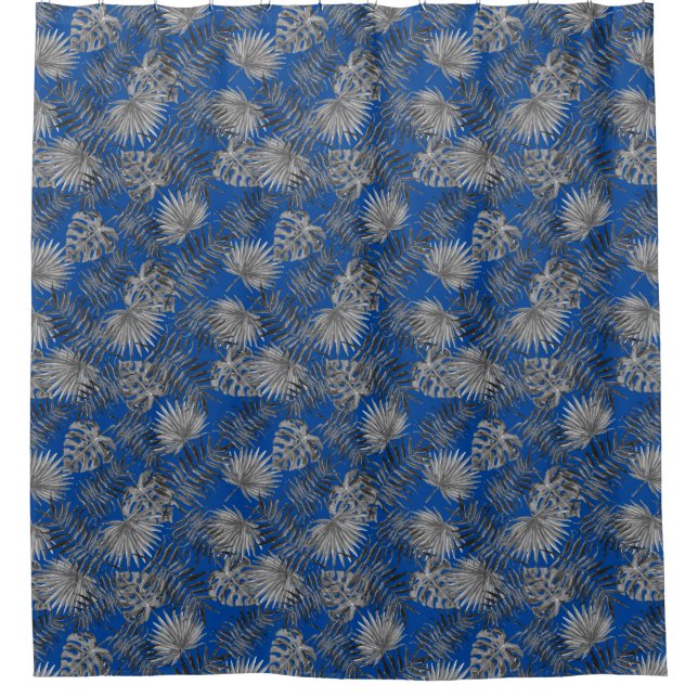 Tropical Palm Tree Leaves Pattern Blue Silver Shower Curtain (Front)