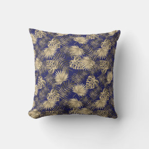 Tropical Palm Tree Leaves Pattern Dark Blue Gold Cushion