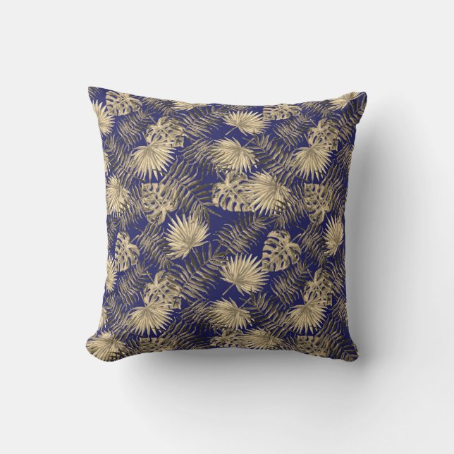Tropical Palm Tree Leaves Pattern Dark Blue Gold Cushion (Front)