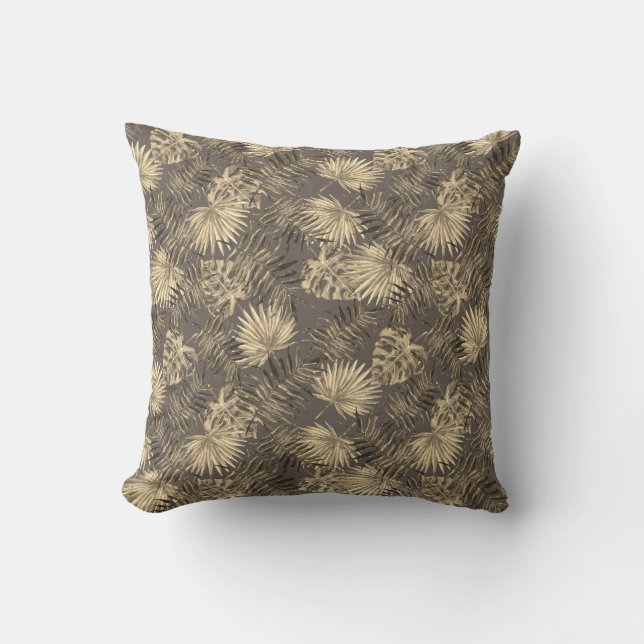 Tropical Palm Tree Leaves Pattern Dark Brown Gold Cushion (Front)
