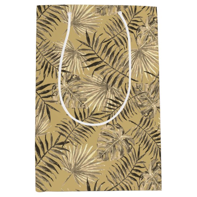 Tropical Palm Tree Leaves Pattern Gold Medium Gift Bag (Front)