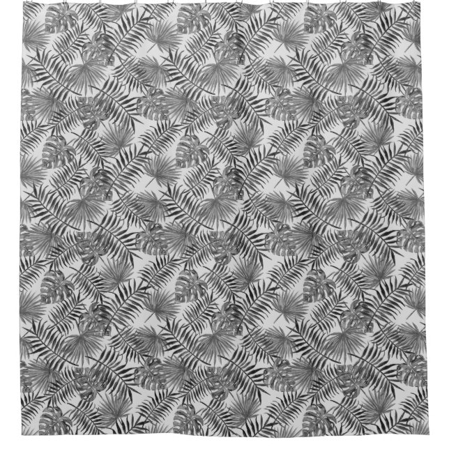 Tropical Palm Tree Leaves Pattern Gray Silver Shower Curtain (Front)
