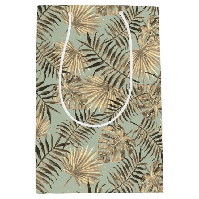 Tropical Palm Tree Leaves Pattern Green Gold Medium Gift Bag (Front)