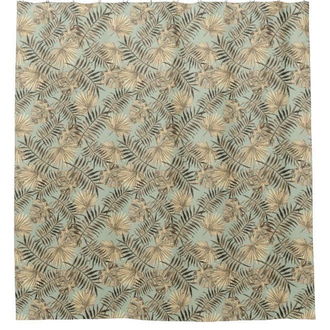 Tropical Palm Tree Leaves Pattern Green Gold Shower Curtain (Front)