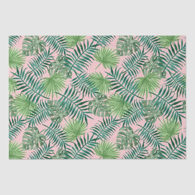 Tropical Palm Tree Leaves Pattern Green Pink Tissue Paper (Front)