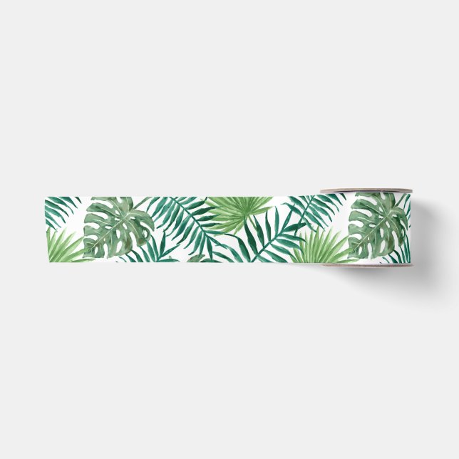 Tropical Palm Tree Leaves Pattern Green Satin Ribbon (Front)