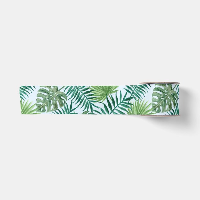 Tropical Palm Tree Leaves Pattern Green Satin Ribbon (Front)
