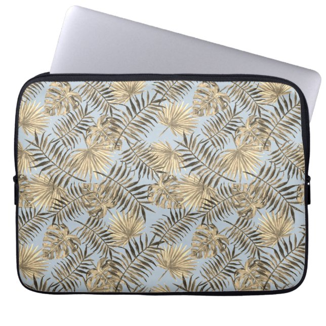 Tropical Palm Tree Leaves Pattern Pale Blue Gold Laptop Sleeve (Front)