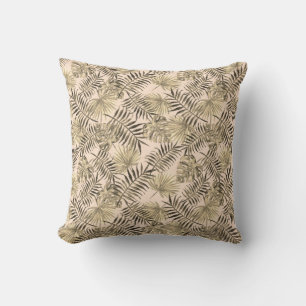 Tropical Palm Tree Leaves Pattern Peach Pink Gold Cushion