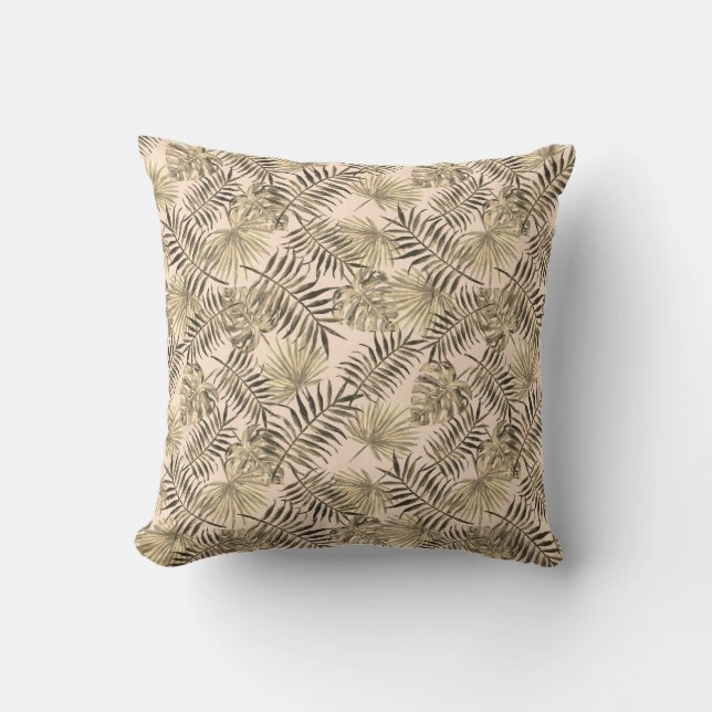 Tropical Palm Tree Leaves Pattern Peach Pink Gold Cushion (Front)