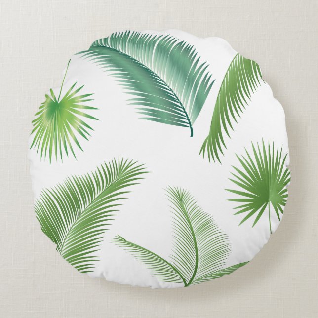 Tropical Palm Tree Leaves Pattern Watercolor Trend Round Cushion (Front)